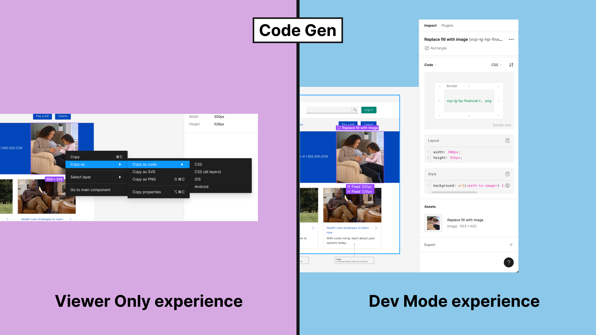 Thumbnail: Screenshots of Figma's code generation interfaces in viewer mode (left) and dev mode (right).