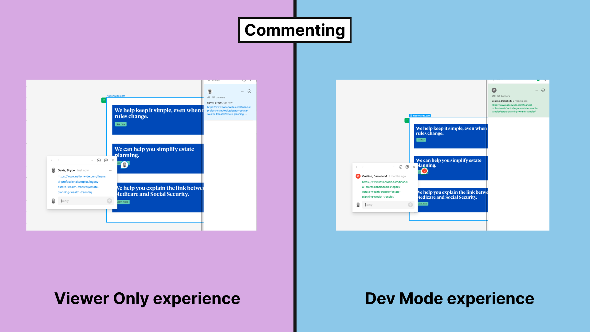 Thumbnail: Screenshots of comments applied to a Figma document in viewer mode (left) and dev mode (right).