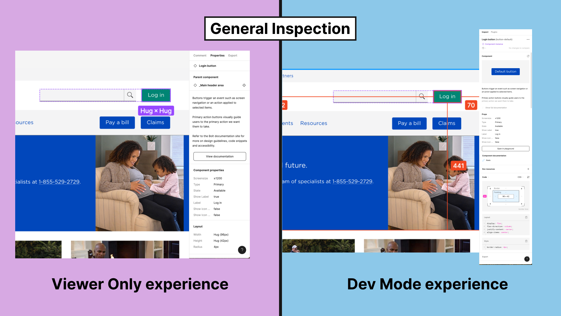 Thumbnail: Figma screenshots of inspecting a header search element in viewer mode (left) and dev mode (right).