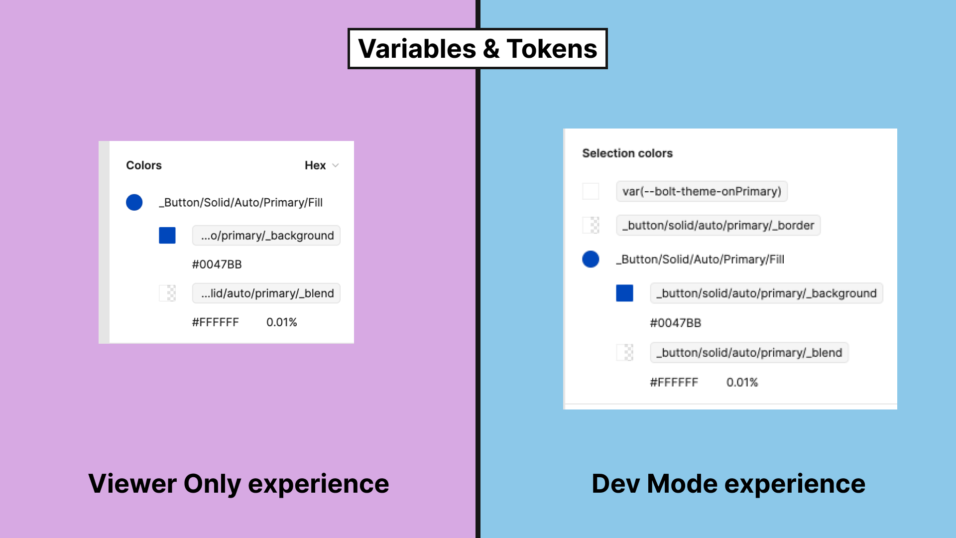 Thumbnail: Figma screenshots showing list of applied color tokens in viewer mode (left) and dev mode (right).